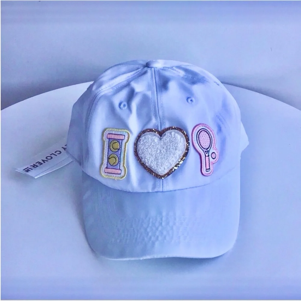 Stoney Clover Lane pastel baby blue nylon baseball cap I heart tennis racket